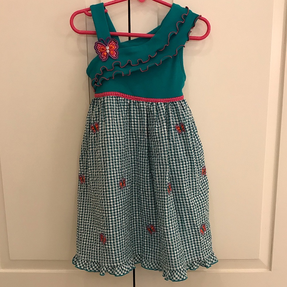 Youngland Blue-Green Seersucker Butterfly Dress 5T